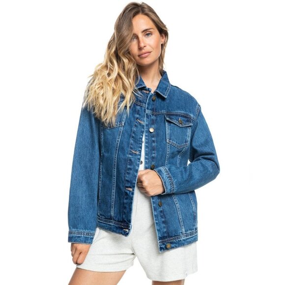 Roxy Jackets & Blazers - NWT Womens XS Dark Blue Roxy Mountain Roads Four Pocket Denim Jean Jacket Coat